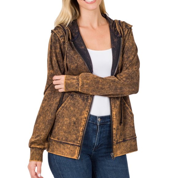 Zenana Outfitters Tops Plus Mineral Wash Zippers Hoodie Jacket